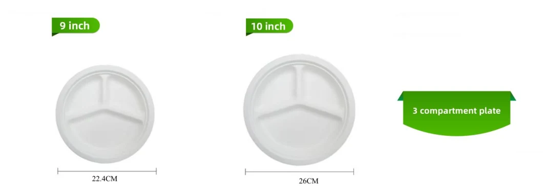 10′′ Customizable Bagasse Round Plate with 3 Compartments Biodegradable Material Compostable Tableware Factory Supply